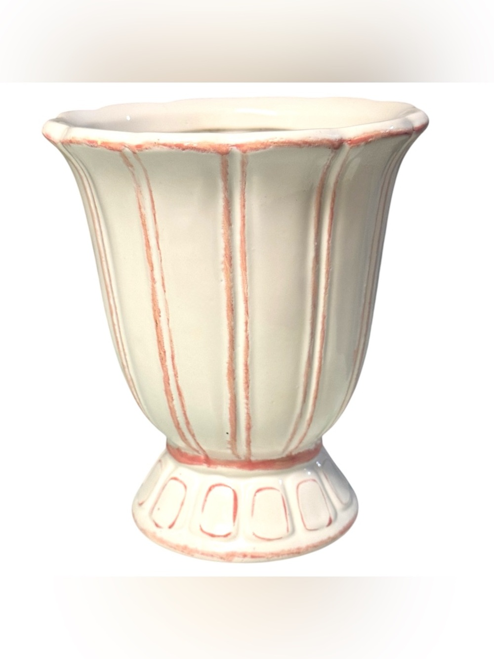 Bloom-Rite Pottery White/Rosy Stripe Tabletop Pedestal Urn Vase Planter USA